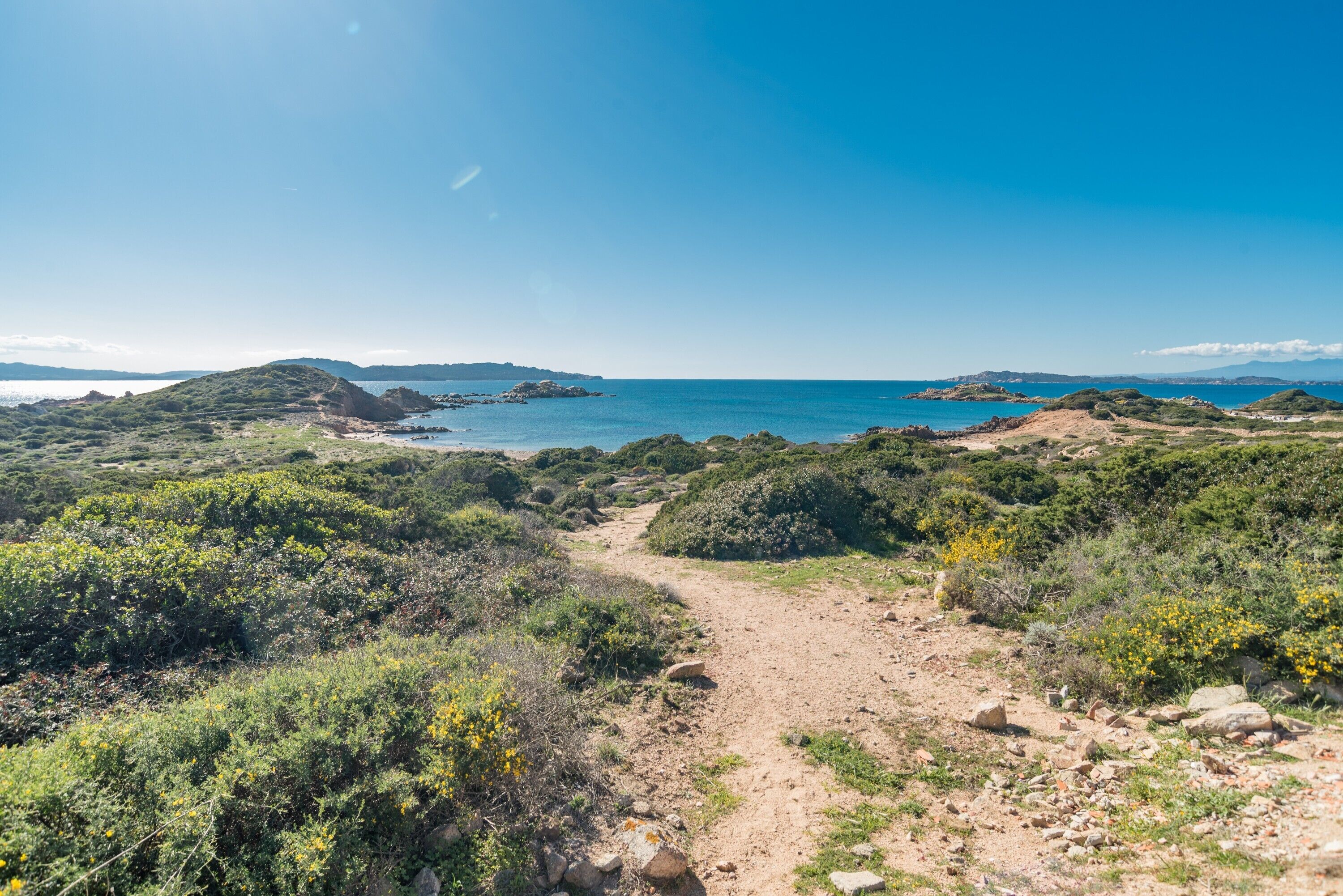 A coastal landscape with a dirt path leading to the sea, surrounded by greenery and hills.