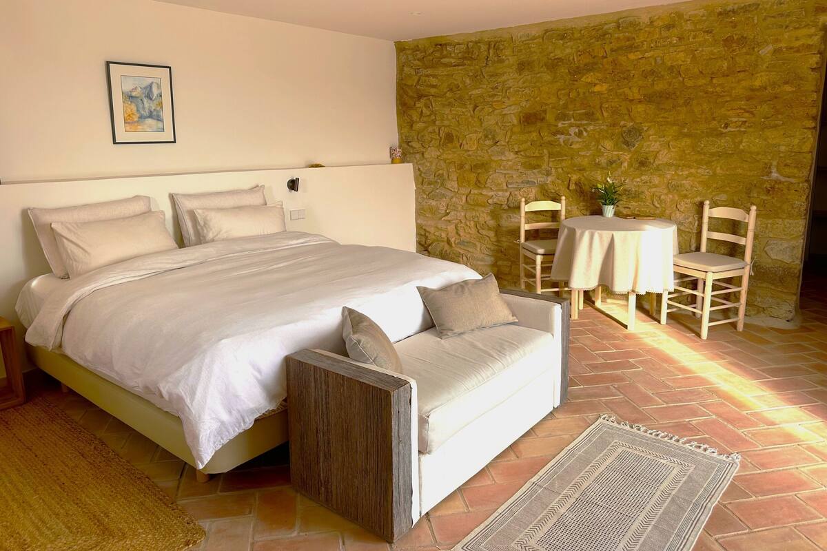A bedroom with a bed, a sofa, a small table, and chairs.