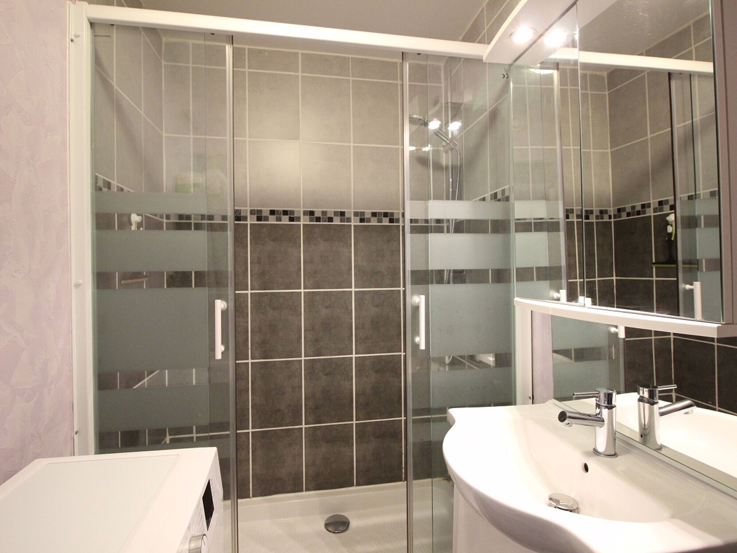 Un baño moderno con ducha de vidrio, lavamanos blanco y un espejo grande.