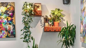 Een woonkamer met een bruine leren bank, een kleine ronde tafel en een salontafel. Er staan potplanten en er hangt een schilderij aan de muur.