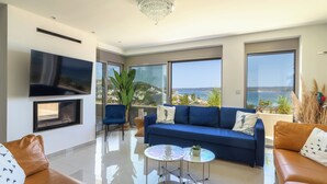 Living area - AmphiMatrion, Kriti penthouse luxury apartment, w/ hot tub and Sea View (C5XG+MHV Kalyves, Greece)