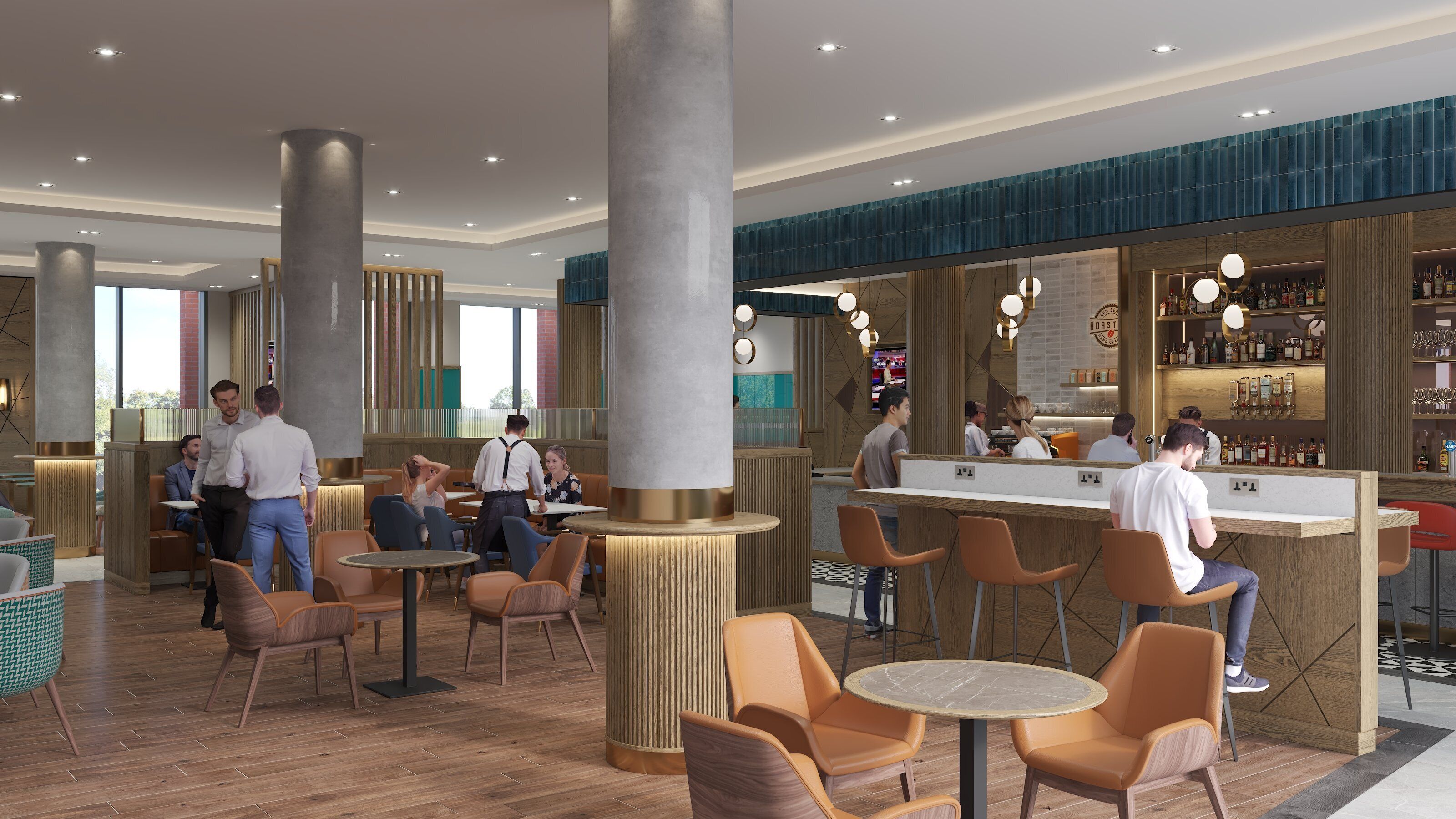 A modern bar area with seating and a bar counter.