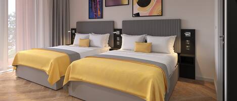 A hotel room with two beds, a large window, and artwork on the wall.