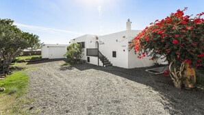 Edifici modern amb un camí de grava, una escala i una planta amb flors vermelles.