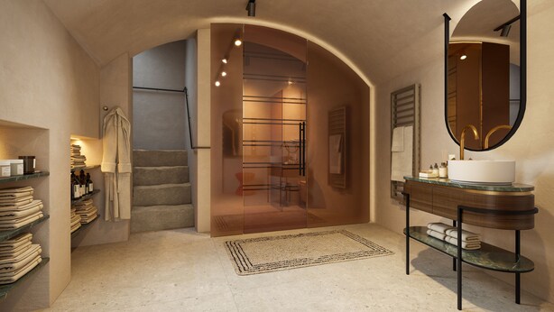 A modern bathroom with a vanity, a large mirror, and a towel rack. - La Maison (Salzburg)