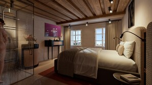 A modern bedroom with a large bed, a bedside table, a mirror, a shower area, and a view of the city through the window. - La Maison (Salzburg)