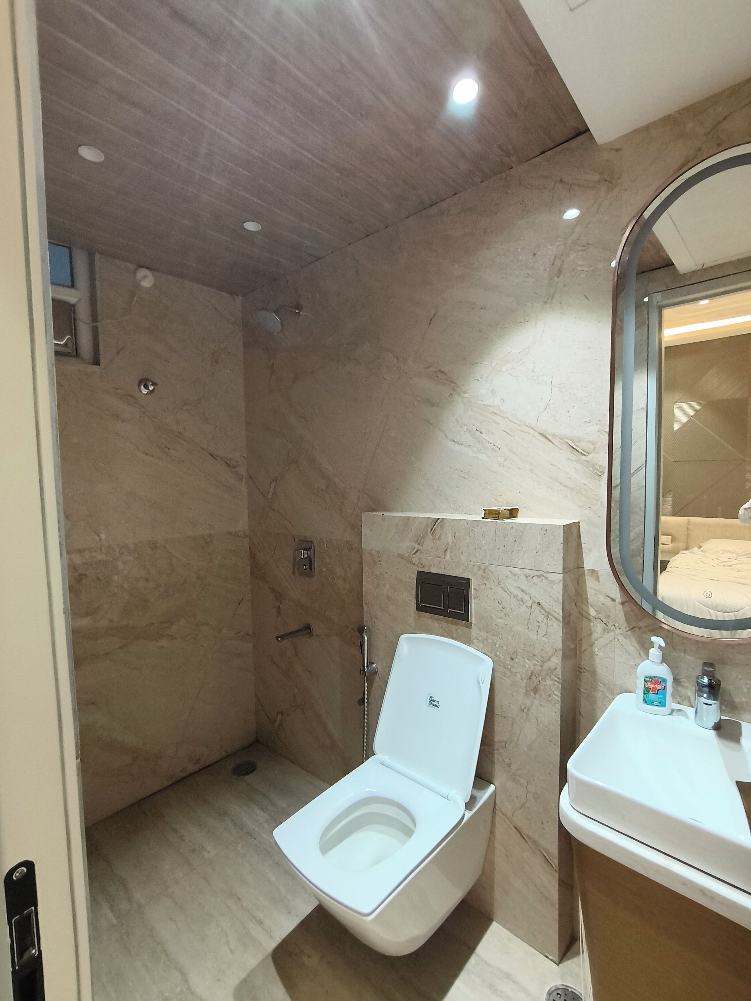 Hair dryer, towels, soap, toilet paper