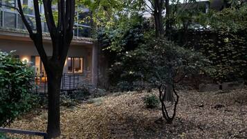 Une cour extérieure avec un arbre, un chemin de pierre et un bâtiment doté de grandes fenêtres.