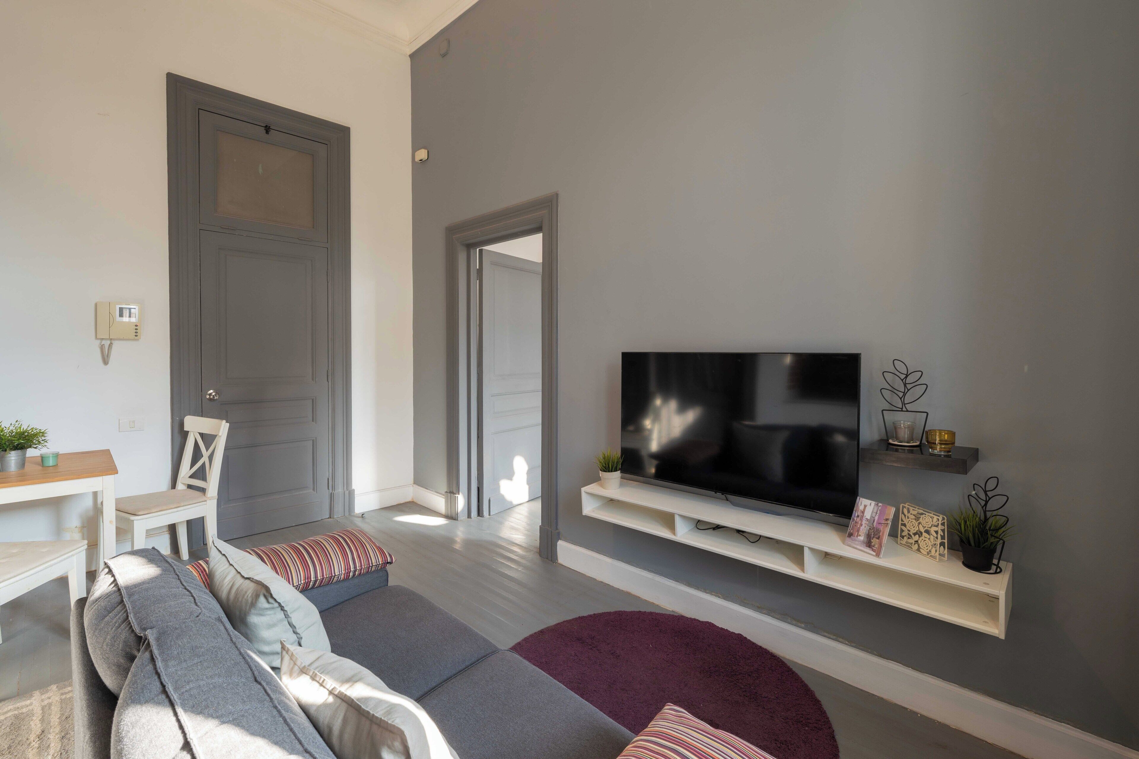 A modern living room with a grey sofa, a flat-screen TV, and a small table with a plant.