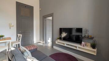 A modern living room with a grey sofa, a flat-screen TV, and a small table with a plant.
