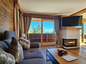 TV connectée, cheminée, chaîne hi-fi, écrans d'ordinateur