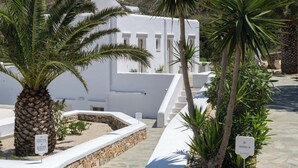 A white building with a stone pathway, palm trees, and a sign indicating a room number.
