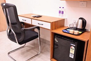 Desk, laptop workspace, blackout curtains, soundproofing