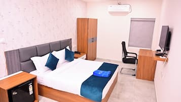 Desk, laptop workspace, blackout curtains, soundproofing