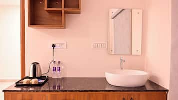 Desk, laptop workspace, blackout curtains, soundproofing