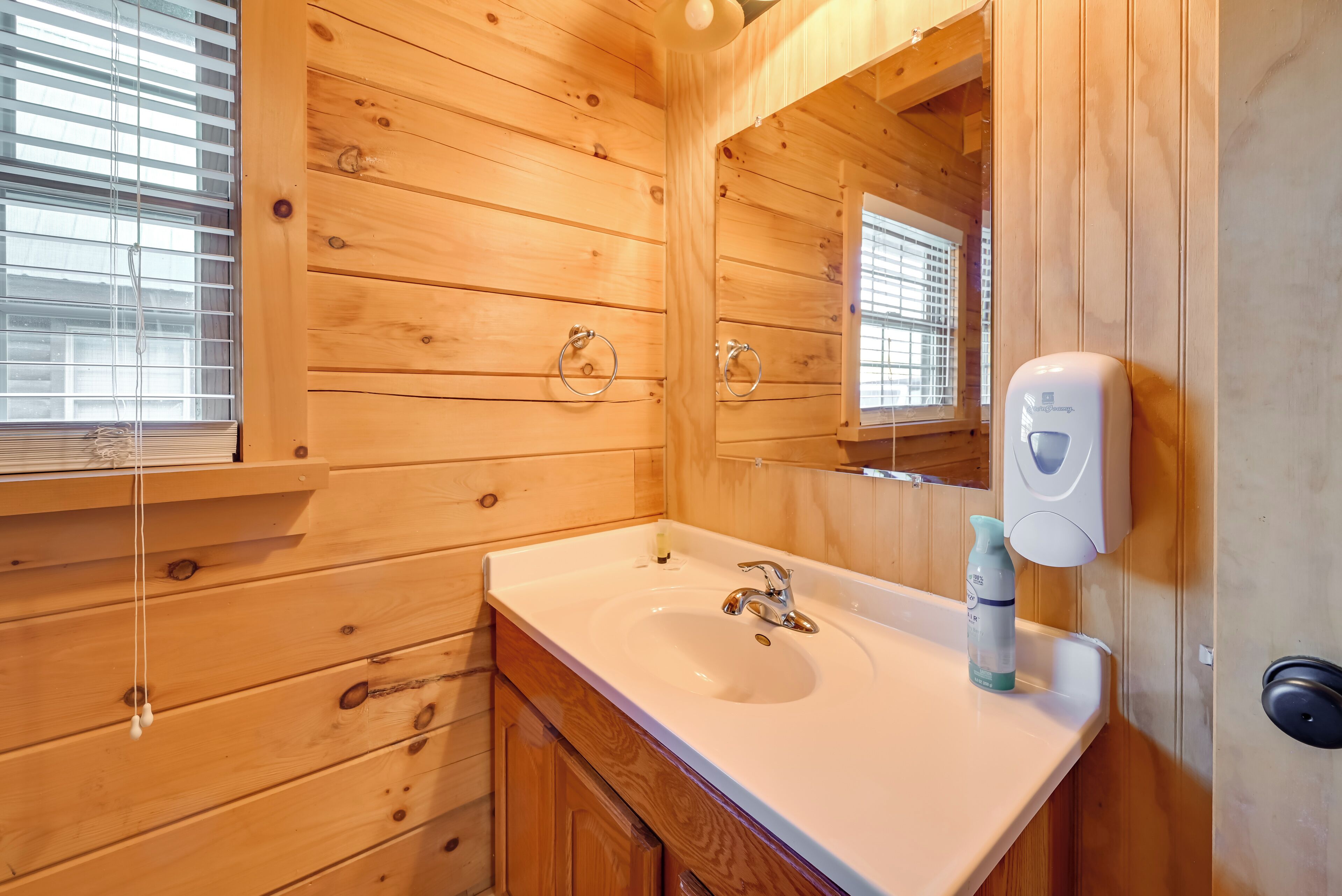 Baño de cabaña de madera con lavabo, espejo y dispensador de jabón.