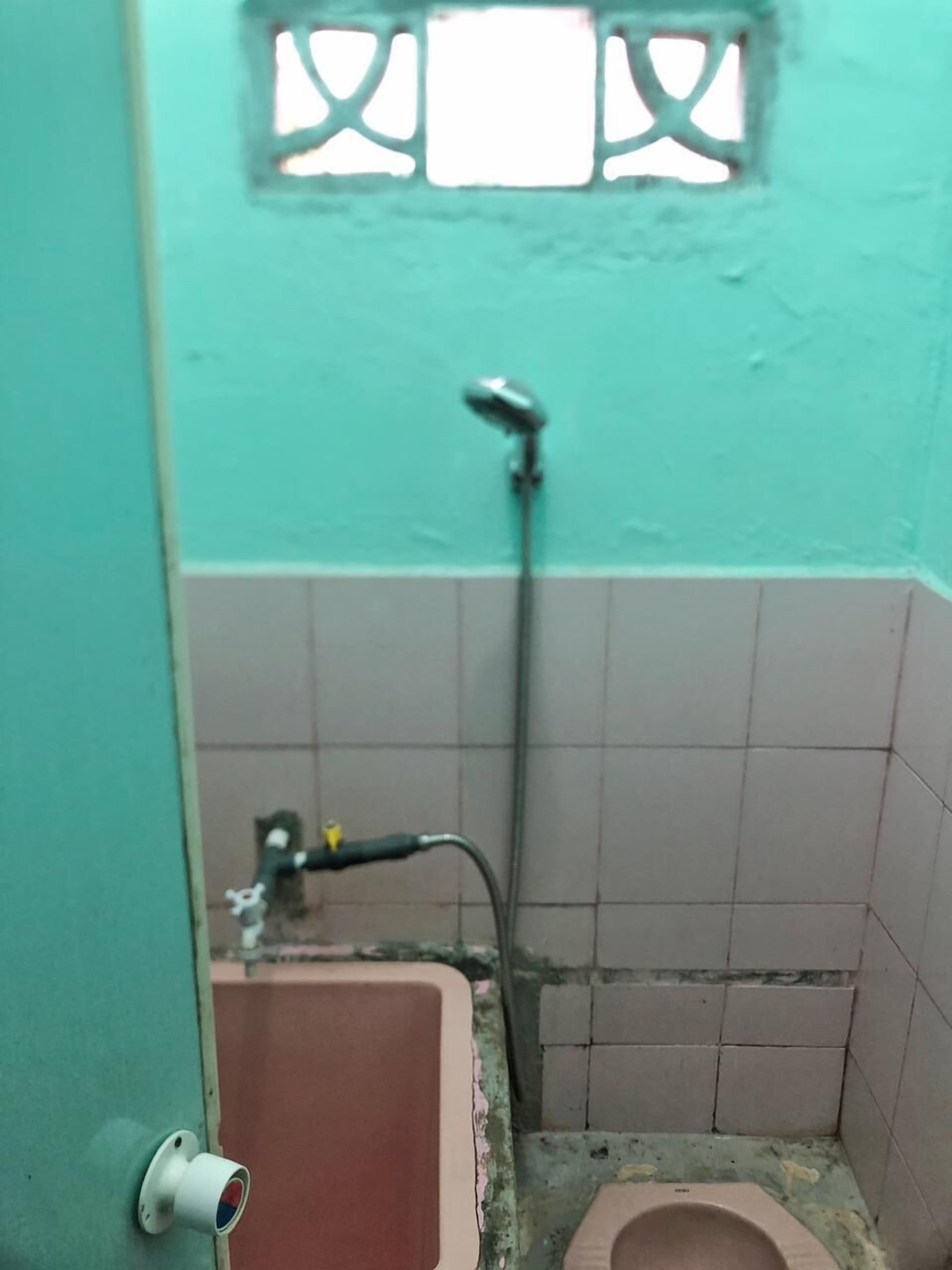 A small, narrow bathroom with a pink bathtub, a toilet, and a shower.