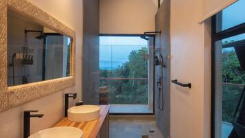 Shower, eco-friendly toiletries, hair dryer, towels