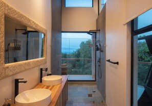 Shower, eco-friendly toiletries, hair dryer, towels