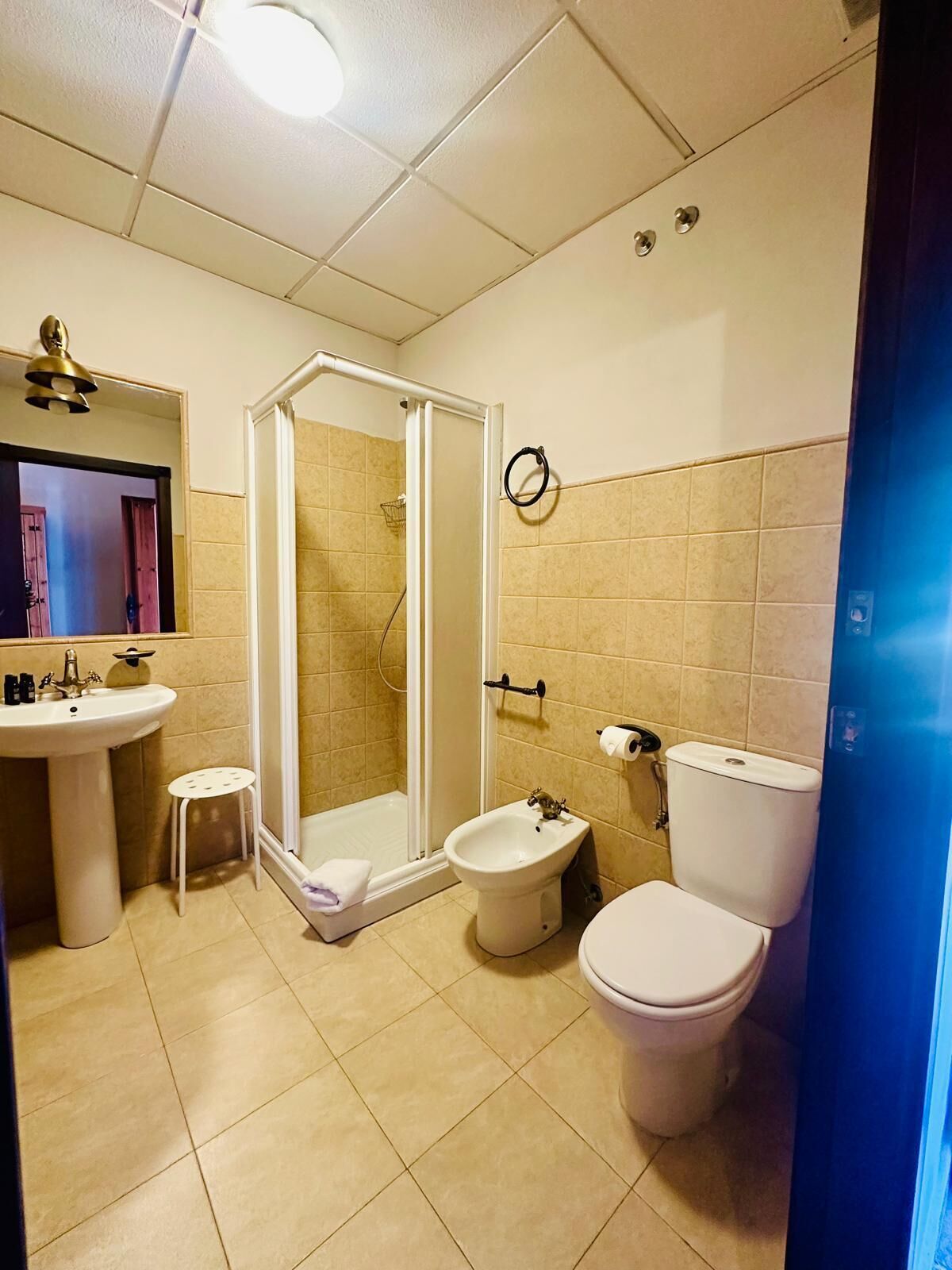 Ein Badezimmer mit Dusche, Toilette, Bidet, Waschbecken und einem Spiegel.