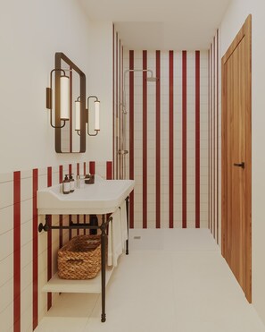 Een douche, een haardroger, handdoeken, zeep