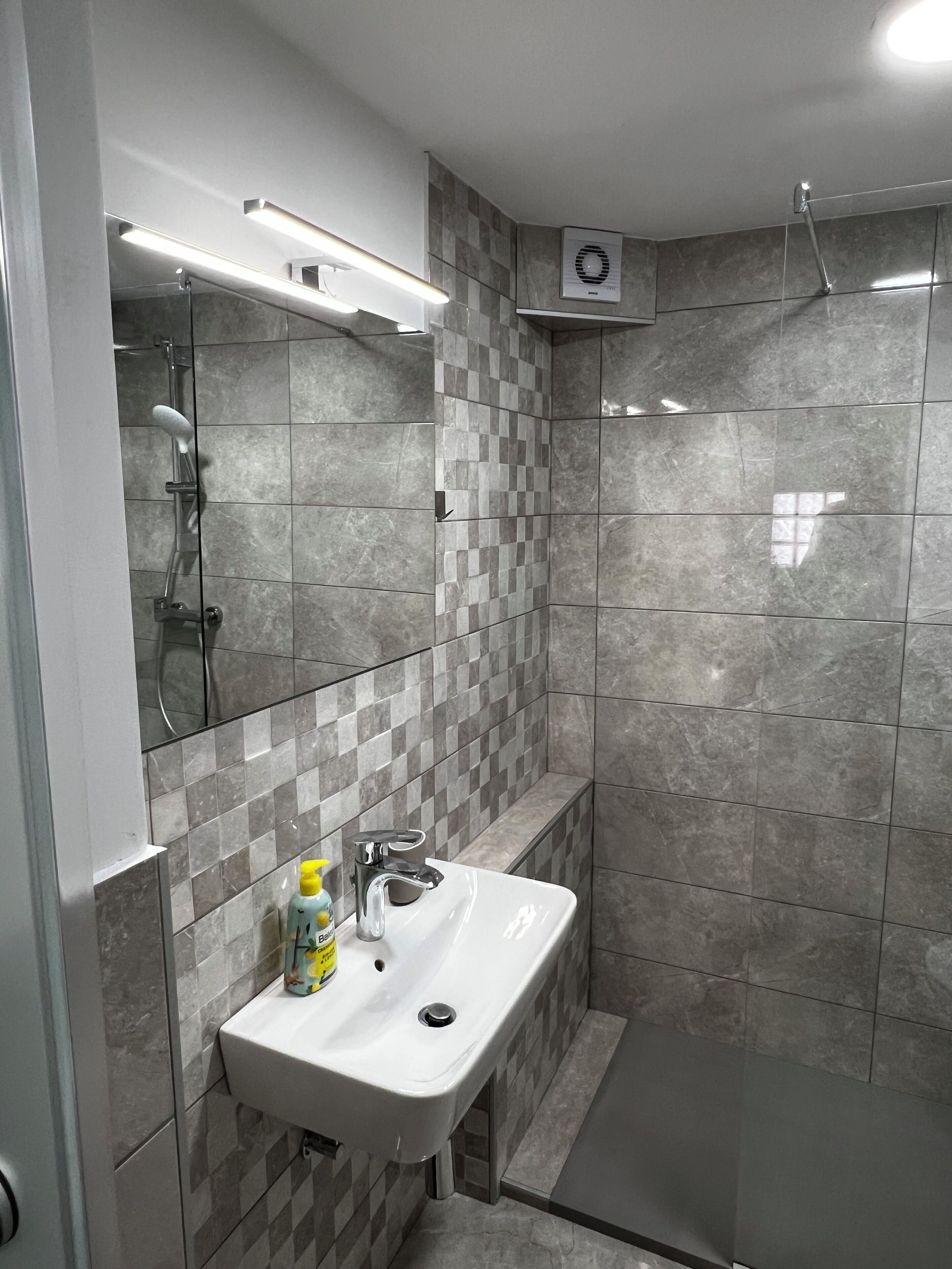 Shower, hair dryer, towels, toilet paper