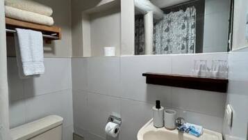 Hair dryer, towels, soap, shampoo