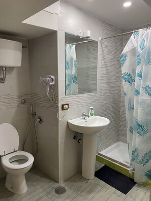 A bathroom with a toilet, a sink, a shower, and a mirror. - Queen Matthias Vacation Home (Napoli)