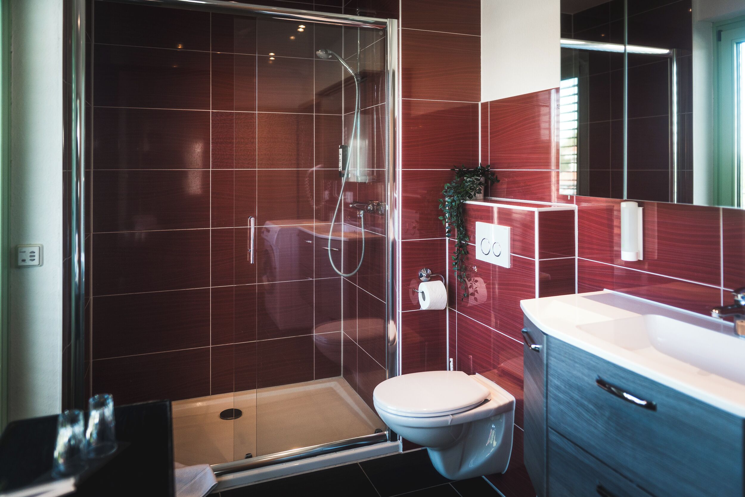 A modern bathroom with a glass-enclosed shower, a white toilet, and a vanity with a mirror.