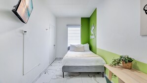 Una habitación de hotel con cama, escritorio, planta y una pared de acento verde.