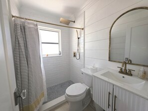 Hair dryer, towels, soap, toilet paper