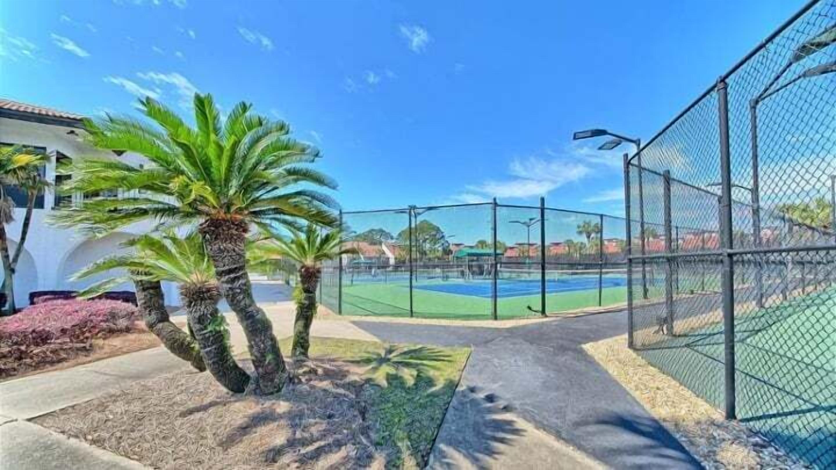 A tennis court surrounded by a chain-link fence, palm trees, and a building with arched windows.