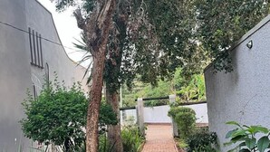 A brick pathway flanked by lush greenery and a white wall. - 4-bedroom Retreat With Lush Gardens Pool- 2346 (Harare)