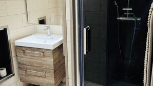 Une salle de bain moderne avec une douche à parois de verre, un meuble-lavabo en bois avec un lavabo blanc et des toilettes.