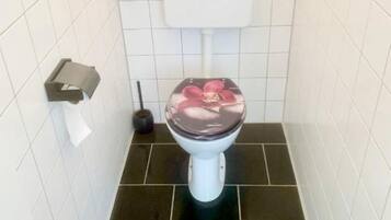 A bathroom with a white toilet, black floor tiles, and white tiled walls.