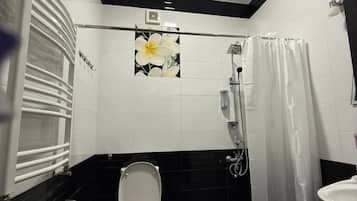 Shower, rainfall showerhead, designer toiletries, hair dryer