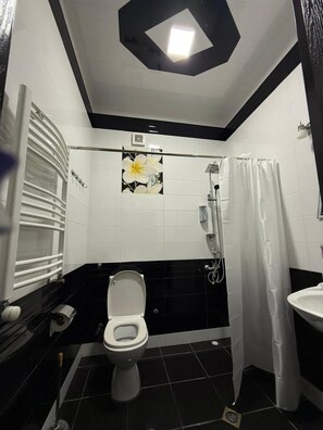 Shower, towels, soap, shampoo