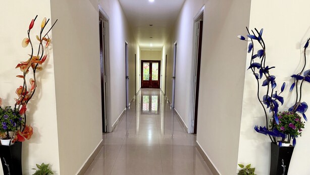 A hallway with a tiled floor, leading to a door at the end. There are two potted plants on either side of the hallway. - Nilgiris Inn (Kotagiri)