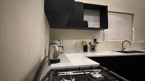 Una cocina moderna con estufa a gas, microondas y lavaplatos.
