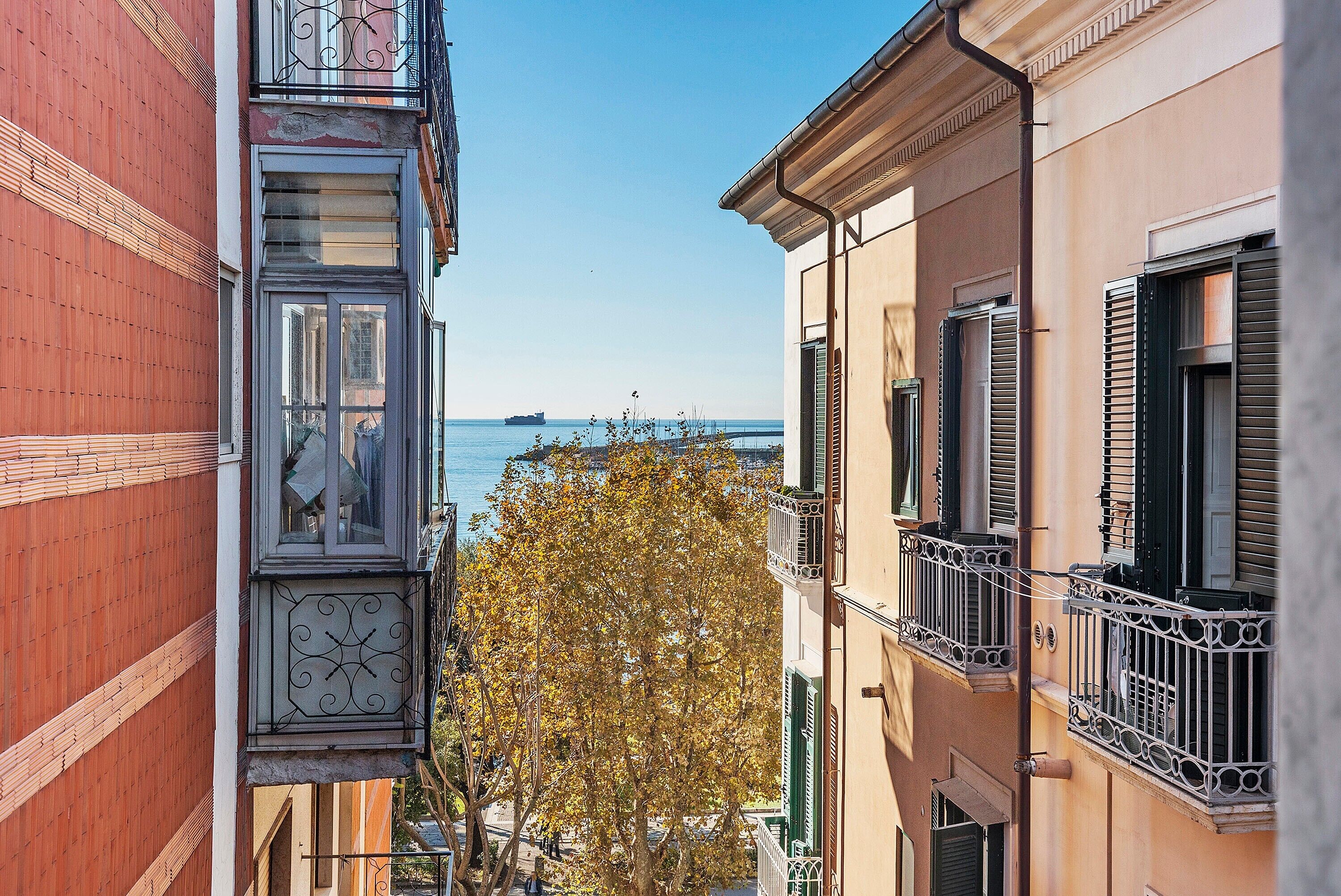 A narrow street with buildings on either side, a tree in the middle, and a clear view of the sea.