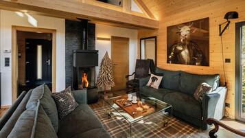 Televisión, chimenea y estéreo