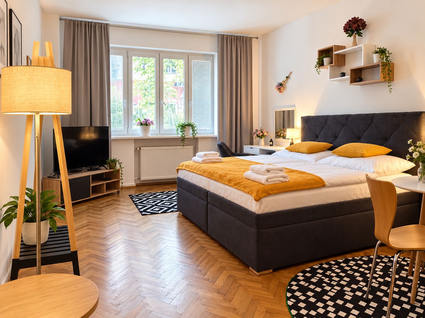Una habitación de hotel moderna con una cama grande, un televisor de pantalla plana, un escritorio y una silla.