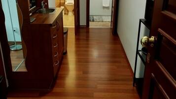 Jetted tub, hair dryer, towels, soap