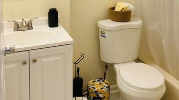 Hair dryer, towels, soap, toilet paper