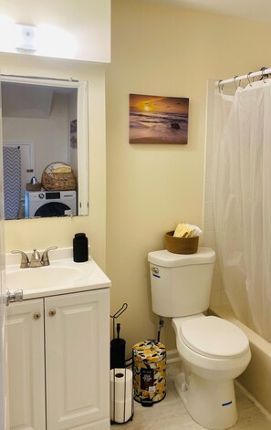 Hair dryer, towels, soap, toilet paper