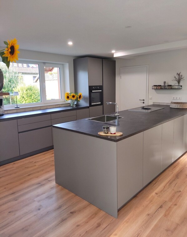 A modern kitchen with a large island, built-in oven, and a window with a view of greenery.