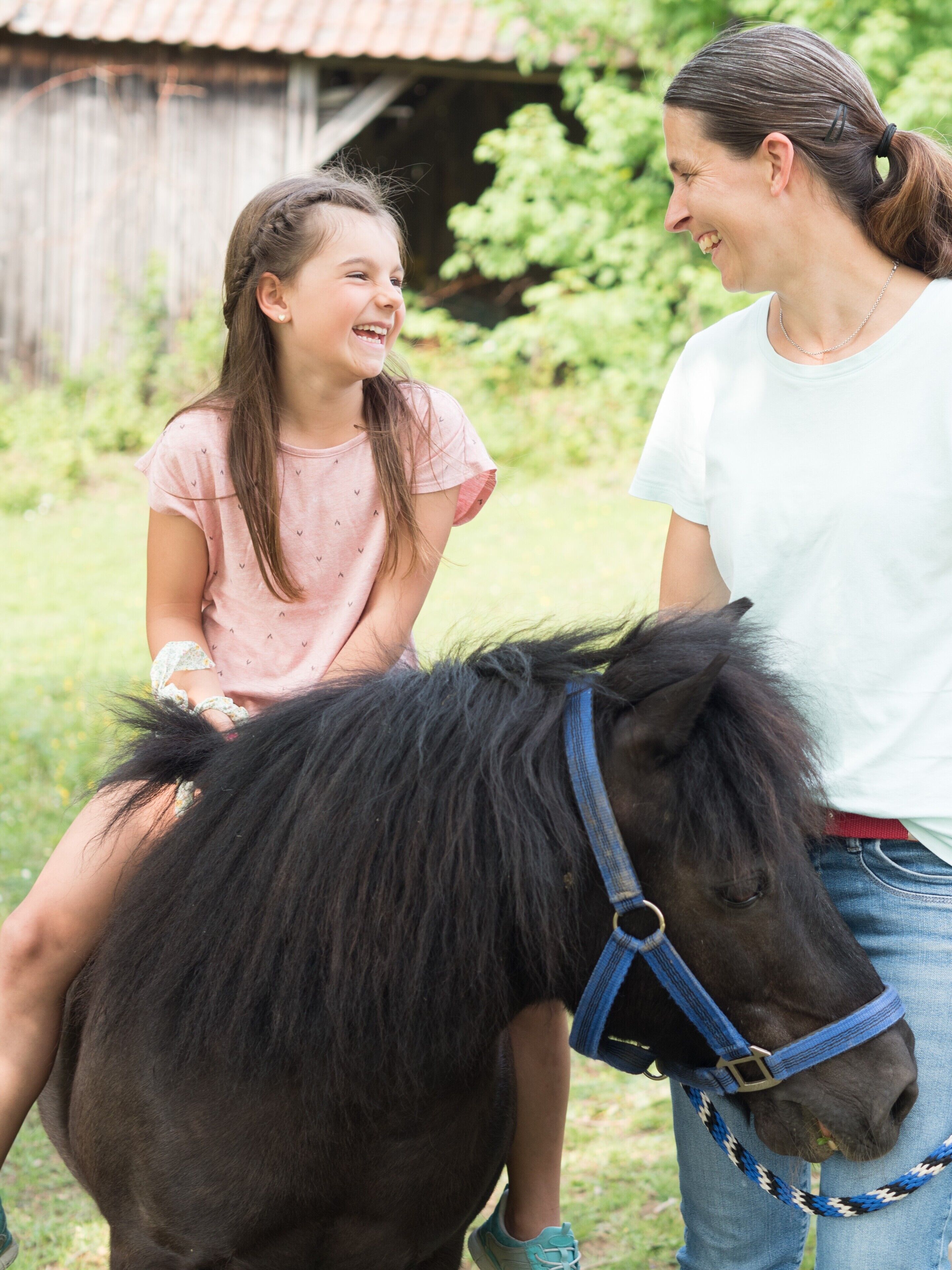 A person riding a horse in an outdoor setting with greenery and a wooden structure in the background.