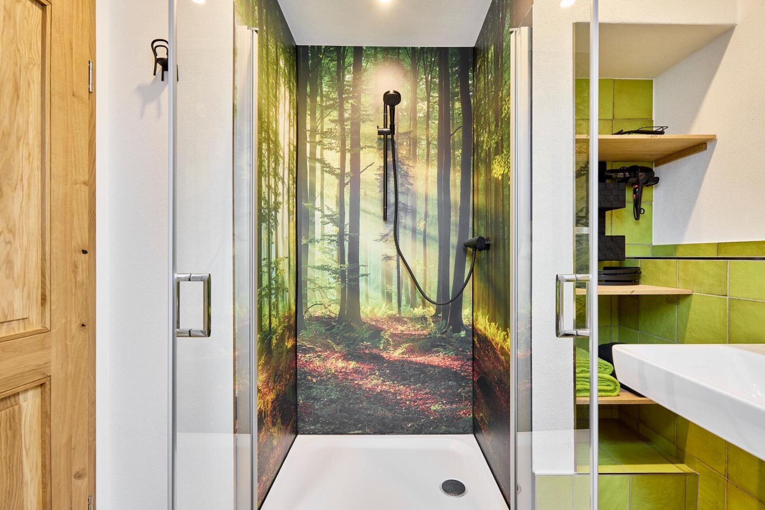 Shower, hair dryer, towels, toilet paper