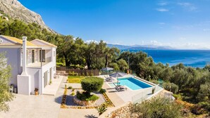 Une villa moderne dotée d’une piscine, entourée d’une végétation luxuriante et offrant une vue sur la mer.