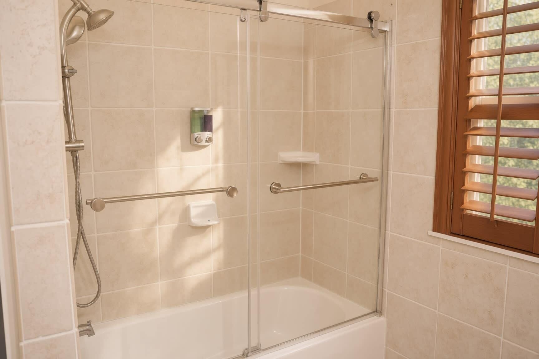 A glass-enclosed shower with a handheld showerhead, a handheld shower attachment, and a handheld shower attachment.